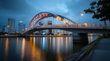 Fototapeta premium Colorful Night View of Modern Bridge with City Skyline Reflections