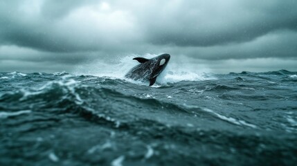 Fototapeta premium Majestic Orca Whale Breaching Under Stormy Gray Sky Over Ocean Waves