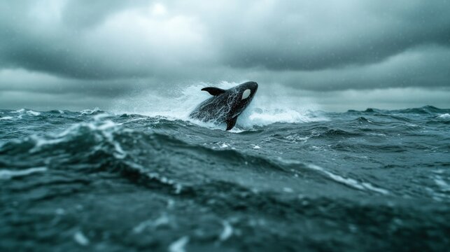 Majestic Orca Whale Breaching Under Stormy Gray Sky Over Ocean Waves