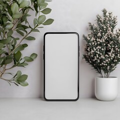 Blank phone screen mockup, plants, white background, app display, website design