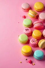 Obraz premium Vibrant assortment of French macaroons on pink background with copy space, bakery, Colorful, delicious