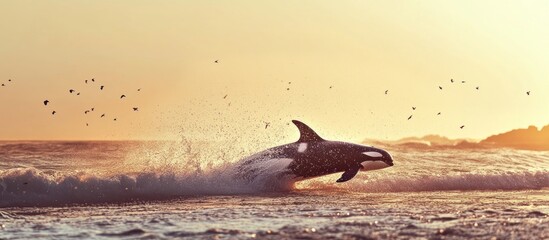 Fototapeta premium Orca leaping ocean wave sunset; birds fly