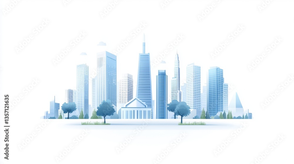 Aufkleber a white background provides the setting for a cityscape skyline and urban architecture, forming a ke