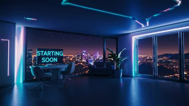 Wide-angle shot of a modern room with neon lights and cityscape view, creating a futuristic video streaming setup with 'Starting Soon' text.