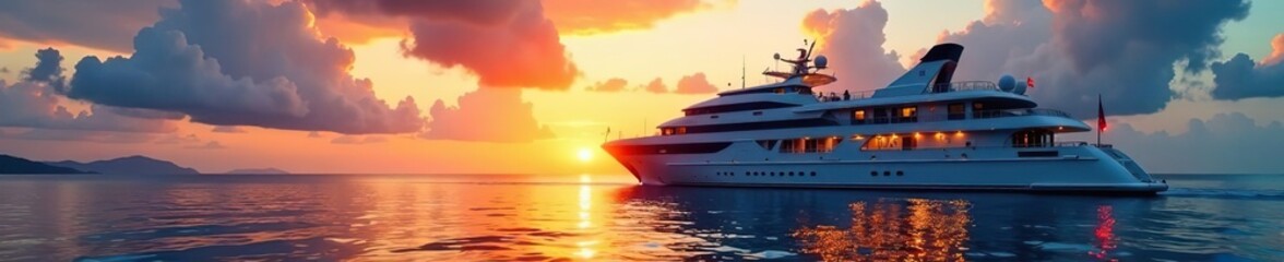 Naklejka premium A luxurious cruise ship sailing on the open ocean at sunset, with colorful clouds in the sky and calm waters, clouds, sunset