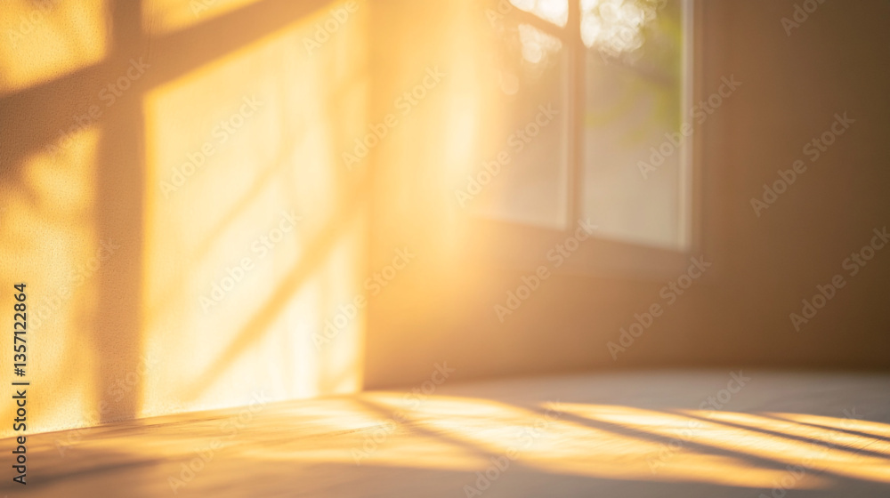 Poster sunlight streaming through a window casting shadows on the wall and floor in a bright room space