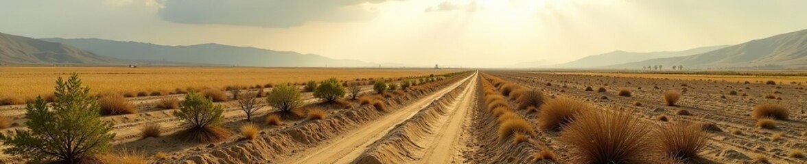 A once thriving agricultural landscape now transformed into a barren wasteland due to climate change and global warming,  environment,  drought