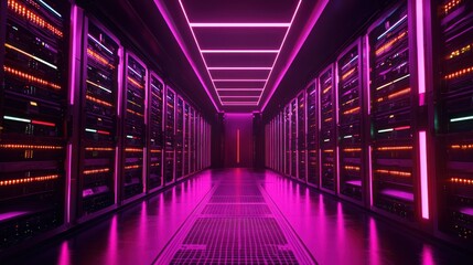 Fototapeta premium Neon-Lit Server Room: A Digital Oasis of Data