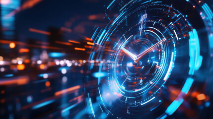 Futuristic digital clock with glowing elements and motion blur effect