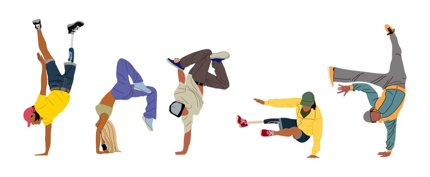 Set of teenager dancers hip hop, breakdance colorful vector illustrations on transparent background. Young cool girl and boy dancing street dance.
