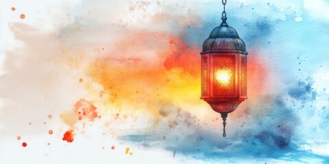 Obraz premium Watercolor painting featuring a brightly lit ornamental ramadan lantern