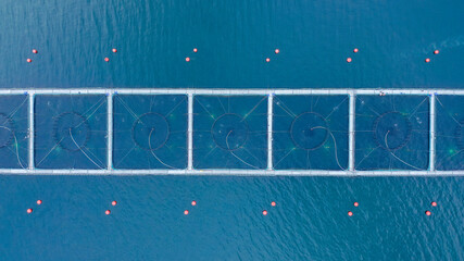 Aerial drone view of salmon farming cages near Contao, Los Lagos, Chile, with underwater lights to boost production, surrounded by red buoys in deep blue water.