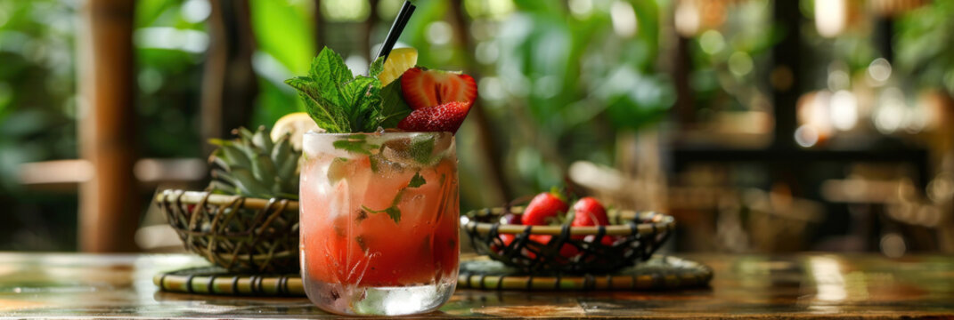 Cocktail made with locally sourced organic fruits, served in a bamboo glass