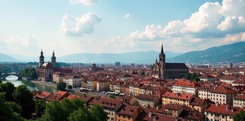 Fototapeta premium A panoramic view of the historical city center of Turin, Italy, featuring famous landmarks such as the Mole Antonelliana and the Turin Cathedral, urban, beautiful