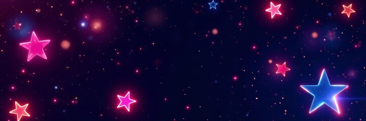 Vibrant neon stars on a seamless black background for a cosmic and festive design, vibrant, festive, stars