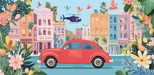 Naklejka premium A vibrant and whimsical cityscape is showcased, featuring an array of colorful buildings, cars, and airplanes