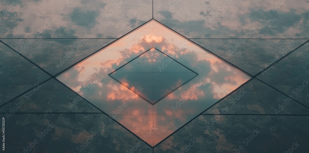 Poster a modern interior space featuring abstract architecture that includes reflective surfaces and sky el