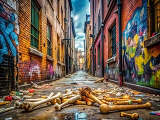 Fototapeta premium Cartoon Dog Bones Urban Exploration: Grungy Alleyway with Playful Bones