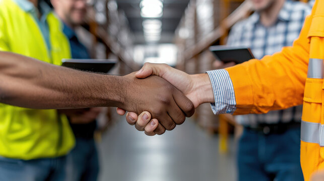 diverse group of warehouse employees shaking hands, showcasing teamwork and collaboration
