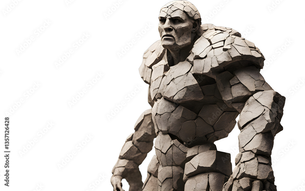 Poster ancient golem statue with cracks revealing energy, isolated on a empty plain background