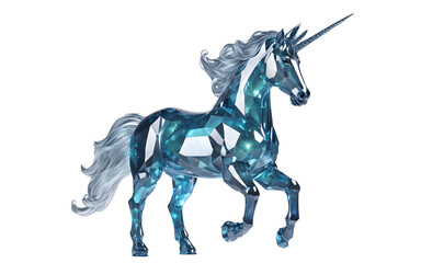 Crystal unicorn with a shimmering horn, isolated on a empty plain background