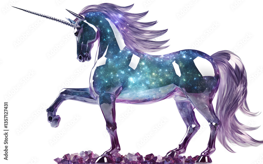 Poster crystal unicorn with a shimmering horn, isolated on a empty plain background