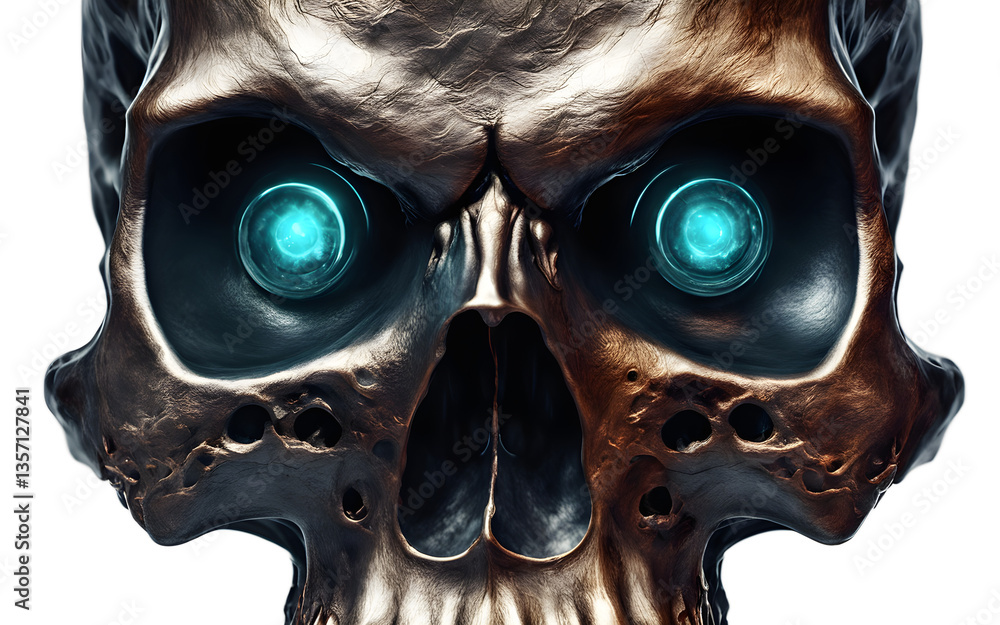 Poster cursed skull with glowing eyes, isolated on a empty plain background