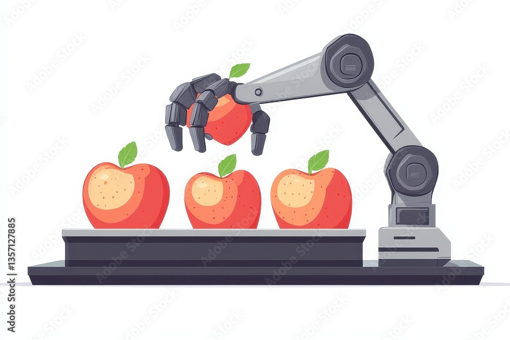 Poster robotic arm picking red apples from conveyor belt in a factory setting
