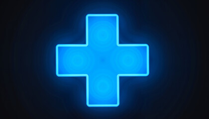 Fototapeta premium Glowing blue neon cross sign symbolizing emergency healthcare services