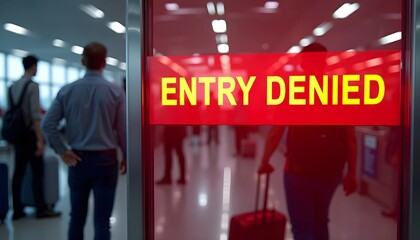 Person facing Entry Denied sign in airport terminal  