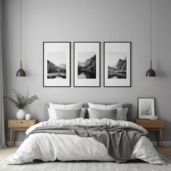 Modern Minimalist Bedroom Interior with Black and White Landscape Prints