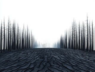 A stark landscape of charred trees stands against a pale sky, depicting aftermath and desolation in a hauntingly beautiful manner.