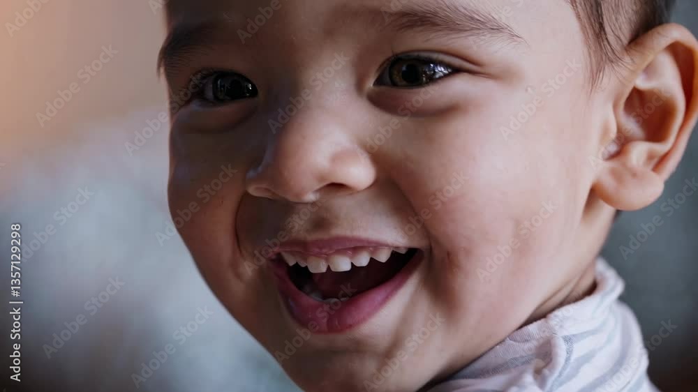 Poster close-up video still of a child's face, capturing a curious expression. soft lighting and shallow de
