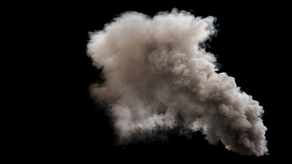 Dense and Large Plume of billowing Smoke with varying shades of gray and white spreading upwards on a Black Background