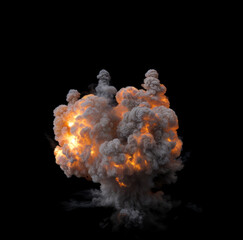 Large ground explosion with bright orange flames and a plume of dark smoke rising from the center on a Black Background