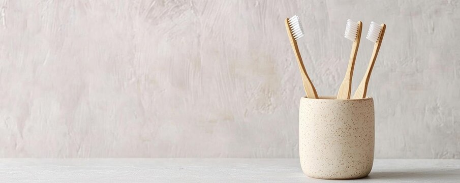 Matching bamboo toothbrushes in a ceramic holder with natural lighting, ecofriendly couple s lifestyle idea