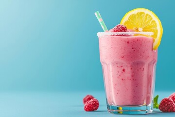 Raspberry yogurt smoothie in a frosty glass with a lemon slice garnish, zesty and refreshing drink