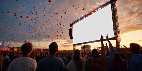 Sunset concert with a large digital screen and a cheering crowd