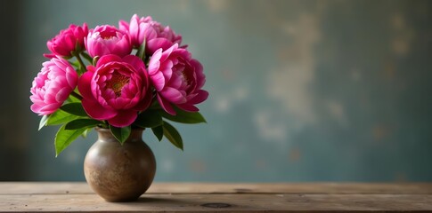 Vibrant peony bouquet in rustic vase on wooden table, composition, vase