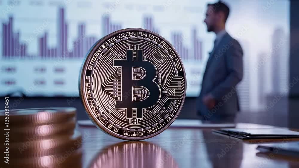 Poster exploring bitcoin cryptocurrency investment insights and financial trends digital blockchain