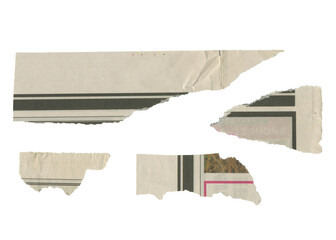 Set of torn pieces of newspaper isolated on transparent background.	