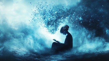 Fototapeta premium A person reading a book surrounded by ethereal imagery in blue tones