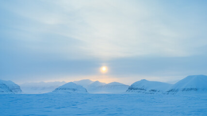 Dicksonfjorden panorama, a fjord branch of Isfjorden at Spitsbergen, Svalbard, in a cold winter day