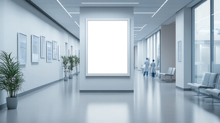 Bright blank poster frame on a white wall in a hospital corridor, surrounded by clinical interiors,sterile design,medical staff in background, symbolizing healthcare communication, informative display