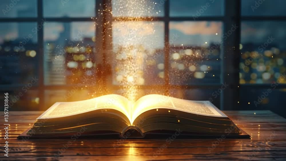 Aufkleber enchanting cityscape magical open book emitting sparkling light and particles, creating atmosphere o