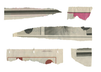 Set of torn pieces of newspaper isolated on transparent background.	