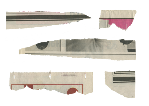 Set of torn pieces of newspaper isolated on transparent background.	