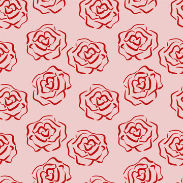 Seamless pattern with roses in sketch style. Simple silhouettes of red roses on a pink background. Floral texture. Perfect for textiles, wallpaper, packaging and wrapping paper. Vector illustration