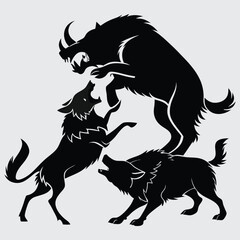 A  wolf pack attacking a bison image silhouette design vector art and illustration