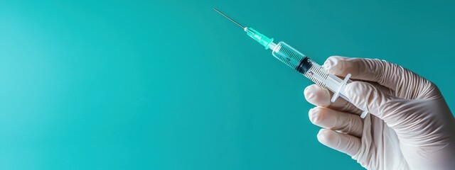 Medical Syringe in Gloved Hand Against a Teal Background